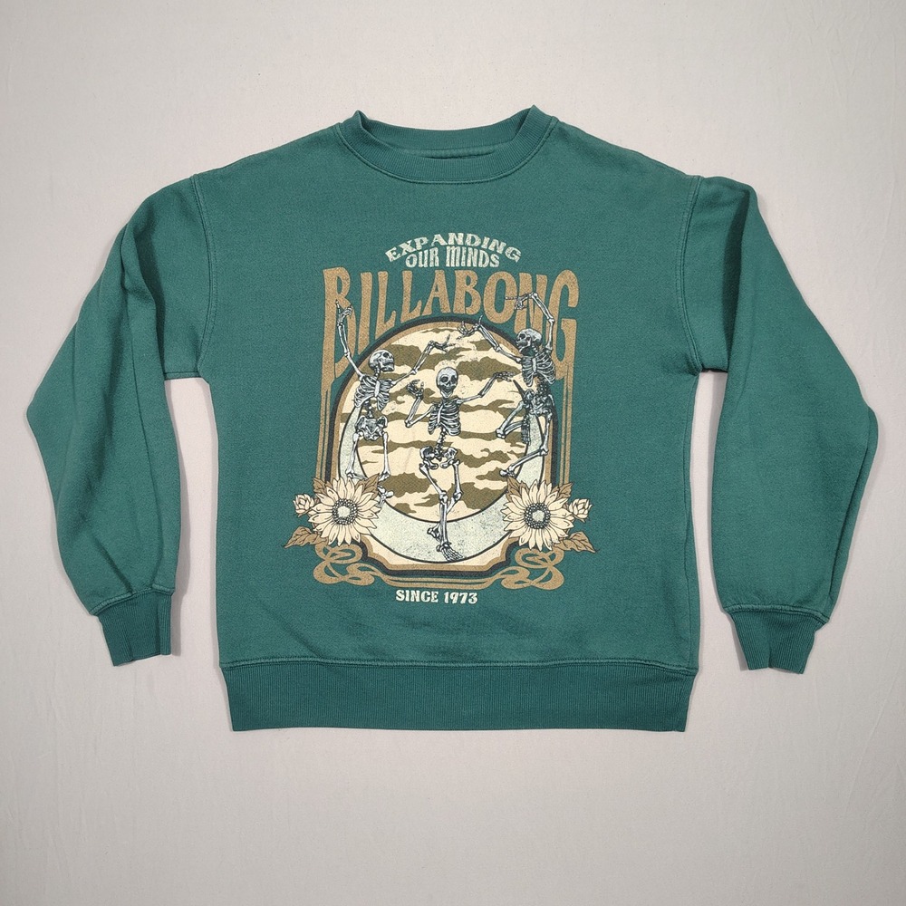 Billabong Sweatshirt Womens XS Graphic Skeleton Sunflower Teal ABJSF00297 Green